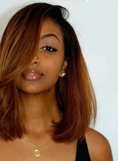 Side Fringe Medium Straight Lob Lace Front Human Hair Wigs 14 Inches