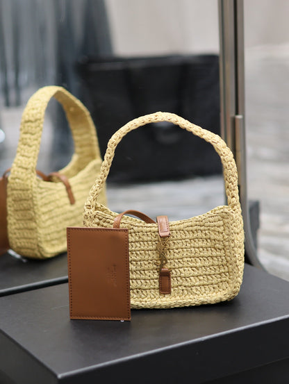 YSL Le 5 À 7 Mini In Raffia Beige - 19 X 11.5 X 4.5 CM